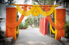 an orange and yellow decorated entrance to a building