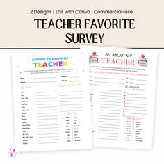 two printable teacher favorite survey sheets with the text, 2 designs it each can use for