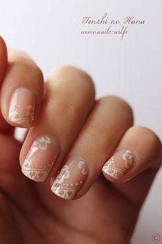 Lace wedding nails - a pretty alternative to french, subtle and delicate. Find your perfect wedding venue at www.classicbritishhotels.com Lace Wedding Nails, Lace Nail Art, Wedding Manicure, Unghie Nail Art, Creative Nail Designs, Pearl And Lace