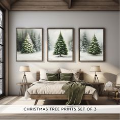 three christmas tree prints set of 3 on the wall above a bed in a bedroom