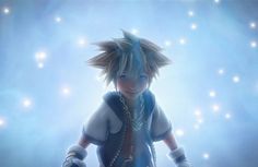 an animated character with blue hair and chain around his neck, standing in front of bright lights