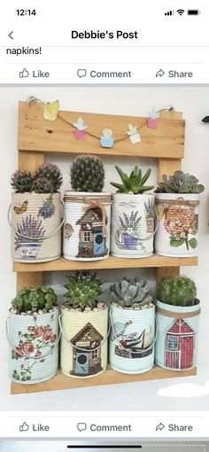 a wooden shelf filled with lots of potted plants