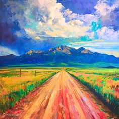 an oil painting of a dirt road in the middle of a field with mountains in the background