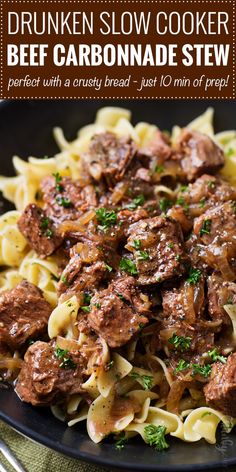 a black plate topped with beef and noodles