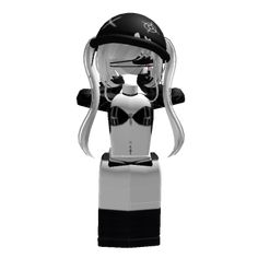 a black and white robot with a helmet on it's head is standing in front of a white background