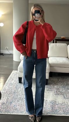 Everyday Outfits Colorful, Red Leather Jacket Outfit Casual, Cardigan Over Shoulders Outfit, Chilly Outfit Ideas, Red Button Up Cardigan Outfit, Christmas Jeans Outfits Women, Red Button Up Sweater Outfit, Layers For Winter Outfit Ideas, Red Cardigan Christmas Outfit