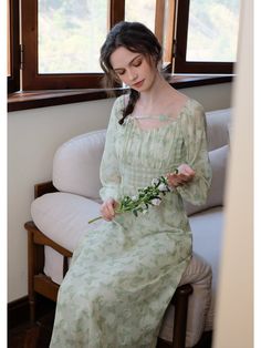 Material: 100% polyester   Lining Material: 95% polyester, 5% spandex     Category: Cottagecore Clothes; Fairycore Outfits; Romantic Clothes;  Cottagecore Dress; Feminine Dress; Vintage Dress; French Dress     Model Information: Height/Weight: 174cm/48kg; Bust/Waist/Hip: 78cm/61cm/88cm. The model is wearing a size S.   Please check the measurement before purchase             Size (cm)   Length   Bust   Waist   Sleeve       S     116   82     66   60       M   118   86   70     61       L   120   90     74   62       Please allow 1-3cm error. Green Cottagecore Dress, Clothes Cottagecore, Green Cottagecore, Romantic Clothes, Cottagecore Clothes, Dress Feminine, Chinese Style Dress, French Dress, Chiffon Midi Dress