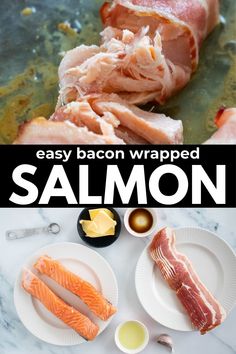 bacon wrapped salmon on a plate with other ingredients