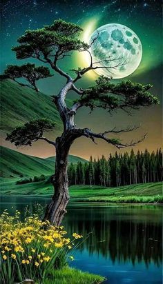 a painting of a tree with the moon in the sky above it and water below