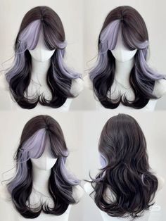 Black And Pastel Hair, Light Purple And Black Hair, Purple Hair With Black Tips, Haircolor Ideas 2020, Hair Ideas Reference, Aesthetic Hair Highlights, Lavender Money Piece, Hair Cuts Names, Casino Hairstyles