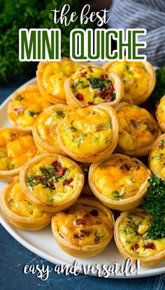 mini quiches with cheese and broccoli in them on a white plate