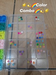 a plastic container filled with lots of different colored beads