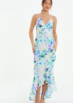 This maxi dress features a floral pattern with a wrap design and a dip hem, providing a flattering silhouette. Ideal for holiday wear or casual outings. Strappy Midi Dress, Oasis Fashion, Floral Dresses Long, Floral Wraps, Dress Clothes For Women, Dress With Boots, Dress P, Wedding Guest Dress, Dip