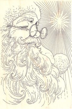 a drawing of santa claus with sunburst in the background