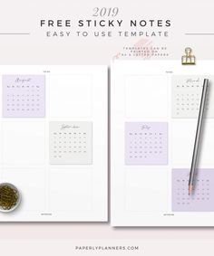 a calendar with sticky notes and a pen on it, next to a cup of tea