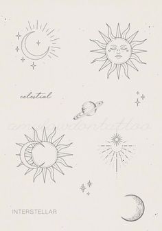 the sun, moon and stars are drawn in black ink on a white paper with writing underneath