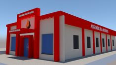 a red and white building with blue doors on the front door is shown in this 3d image