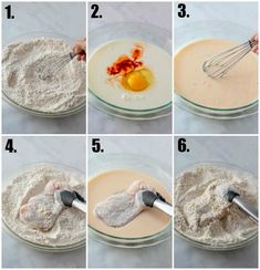 steps to make an egg mixture in a glass bowl with whisk and flour