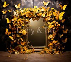 a mirror surrounded by yellow flowers with butterflies flying around it in front of a black background