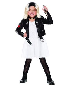 PRICES MAY VARY. When trying to decide between two sizes, choose the larger size for a better fit. Your little one will have a blast terrorizing the town this Halloween dressed up in this adorable yet terrifying officially licensed Tiffany costume! This costume includes a dress, jacket, wig, and necklace. It’s made from faux leather, polyester, and polyurethane materials with a zipper closure. Take extra caution when cleaning this product to avoid wear and tear. Always be sure to spot clean to p The Bride Of Chucky, Chucky Outfit, Chucky And Tiffany Costume, Tiffany Costume, Home Halloween Costumes, Toddler Costumes Girl, Leather Black Jacket, Kids Costumes Girls, Horror Costume