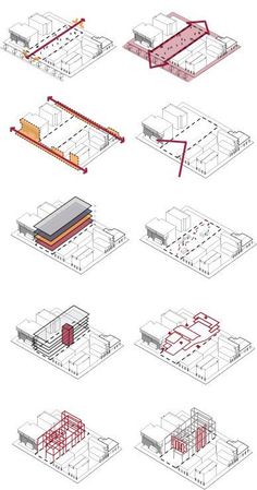 several different types of buildings with red lines on them