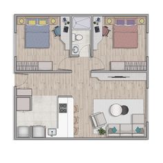 the floor plan for a small apartment with two beds and one living room in it