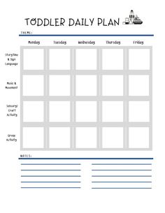 the printable toddler daily plan is shown in blue and white, with an image of