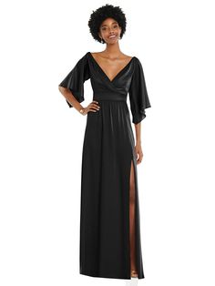 Asymmetric Bell Sleeve Wrap Maxi Bridesmaid Dress With Front Slit | The Dessy Group Shirred Skirt, Dessy Collection, Full Length Gowns, Maxi Bridesmaid Dresses, Wrap Maxi Dress, Infinity Dress, Bridal Party Dresses, Dress Order, Stretch Satin