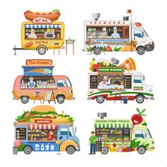 food trucks with different types of food on the front and side, all in different colors