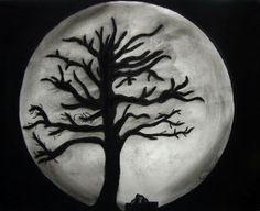 a black and white drawing of a tree in front of a full moon