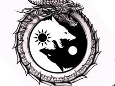 a black and white drawing of a wolf in a circle with the sun behind it