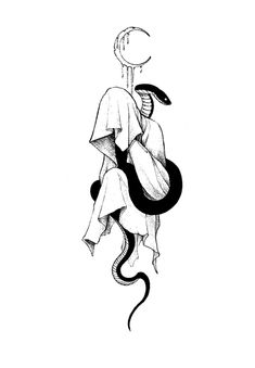 a black and white drawing of a woman with a snake on her back, holding a moon