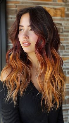 30 Balayage Hair Color Ideas to Dazzle in 2024 Golden Hour Hair Color, Sunset Highlights Hair, Tri Hair Color Ideas, Brunette With Vivid Color, Fire Balayage Hair, Black To Orange Ombre Hair, Vivid Balayage Hair, Dark Brown To Red Ombre, Orange Balayage Hair