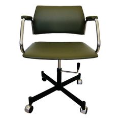 a green office chair with wheels and casteors on an isolated white background, viewed from the front