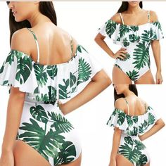 Green Leaf Floral Print, Off Shoulder Ruffle Swimwear Size 16. New Never Worn Tropical Outfits, Petite Swimwear, Tropical Swimsuits, Swimwear Pattern, Floral Swimwear, Matching Swimwear, Ruffle Swimsuit, Monokini Swimsuits, Tropical Forest