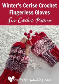 a pair of crocheted fingerless gloves with text that reads, winter's crisse crochet fingerless gloves free crochet pattern