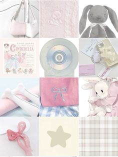 a collage of pink and white items including a baby's blanket, teddy bear