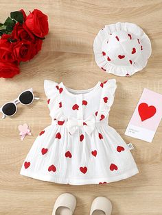 Baby Girl Heart Printed Ruffle Hem Dress Red and White   Sleeveless Cotton Heart A Line Non-Stretch  Baby Girls Clothing, size features are:Bust: ,Length: ,Sleeve Length: Red Sleeveless Dress For Summer, Red Ruffled Sleeveless Beach Dress, Red Sleeveless Beach Dress With Ruffles, Sleeveless Heart Print Dress For Valentine's Day, Playful Red Sleeveless Dress For Summer, Red Heart Print Dress For Spring, Cute Red Sleeveless Dress, Sweet Red Sleeveless Dress, Red Heart-shaped Dress For Valentine's Day