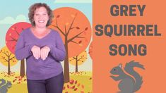 a woman standing in front of an orange background with the words grey squirrel song