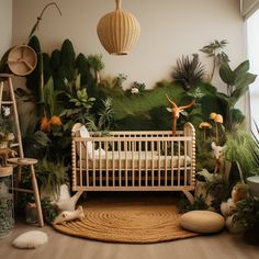 a baby crib in the middle of a room with lots of plants and animals