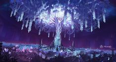 an artistic painting of a tree in the middle of a forest with ice crystals hanging from it's branches