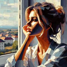 a painting of a woman sitting by a window with her hand on her chin looking out the window