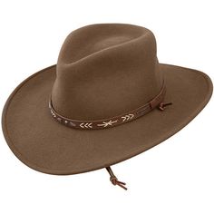 The Santa Fe Outdoor Hat is constructed of crushable wool felt and features a pinch front crown, interior dri-lex sweatband and studded leather hat band. Wool Felt Made in U.S.A. Brim: 3 1/4" Crown: 4" Water and Weather Resistent Outdoor Collection Driftwood Color Brown Leather Hat, Trending Hats, Outdoor Hat, Stetson Hat, Leather Hat, Outdoor Hats, Western Hats, Leather Hats, Cowgirl Hats