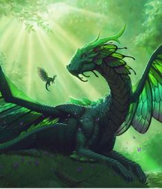 a green dragon sitting on top of a lush green hillside next to a bird flying over it