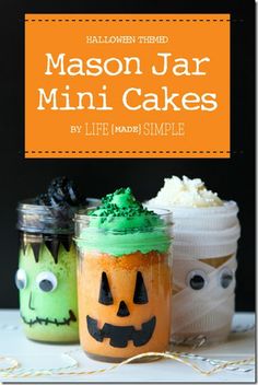 mason jar mini cakes with halloween decorations in them