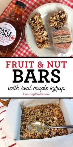 fruit and nut bars with real maple syrup in a box on a red checkered tablecloth