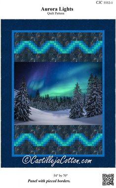 the aurora lights quilt pattern is shown in blue and green, with trees on it