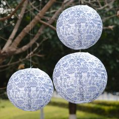 three blue and white paper lanterns hanging from a tree