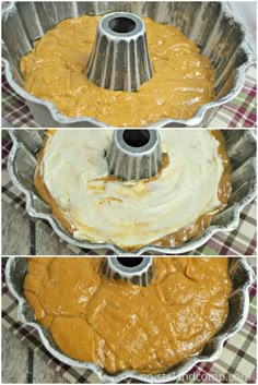 three different views of a cake pan with batter in it