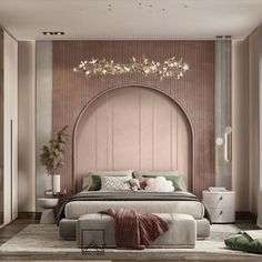 a bedroom with a large bed and pink walls